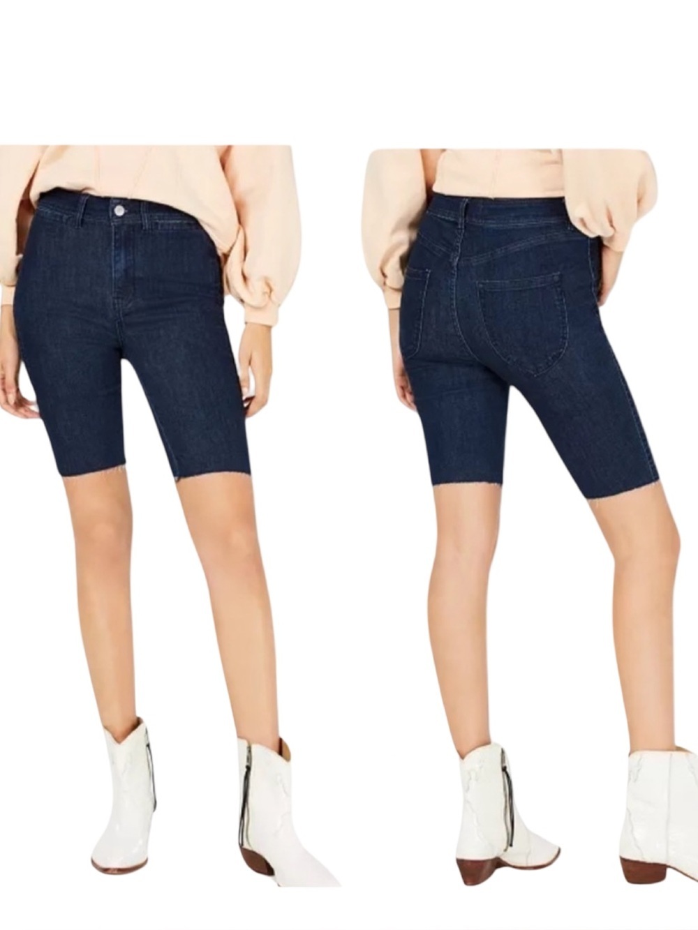 FREE PEOPLE “So Chic” High Rise Denim Biker Shorts Raw Hem Stretch